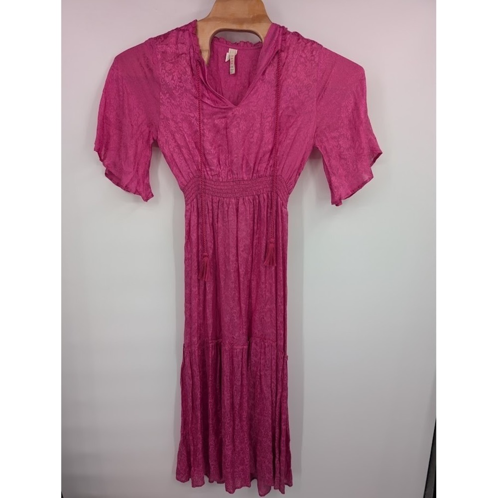 Raga Tiered Maxi Dress Women's Hot Pink short sleeve v neck sz M